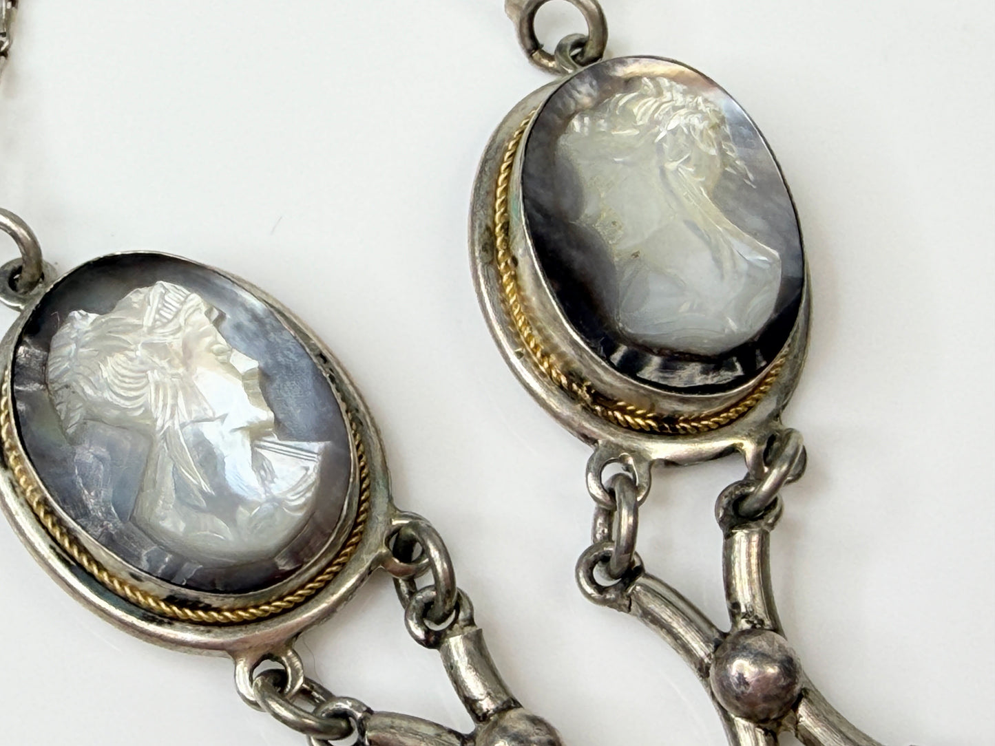 Antique Triple Cameo Mother of Pearl Necklace Sterling Silver 25" JR1446