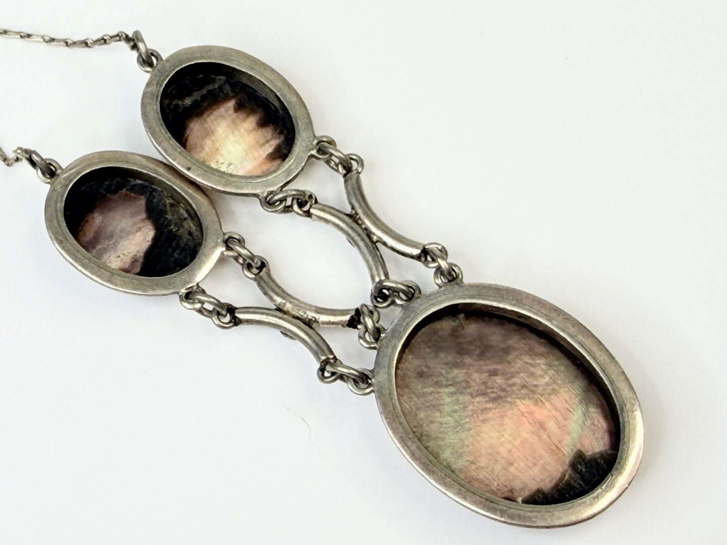 Antique Triple Cameo Mother of Pearl Necklace Sterling Silver 25" JR1446