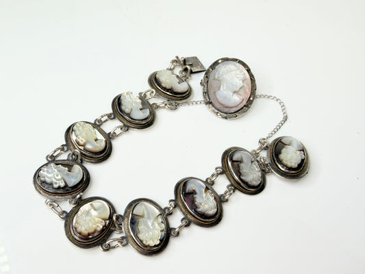 Antique Sterling Mother of Pearl Cameo Bracelet Brooch Set 7" JR1447