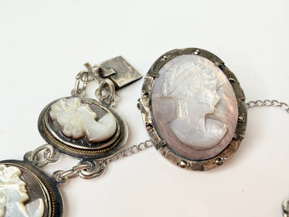 Antique Sterling Mother of Pearl Cameo Bracelet Brooch Set 7" JR1447