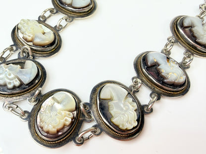 Antique Sterling Mother of Pearl Cameo Bracelet Brooch Set 7" JR1447