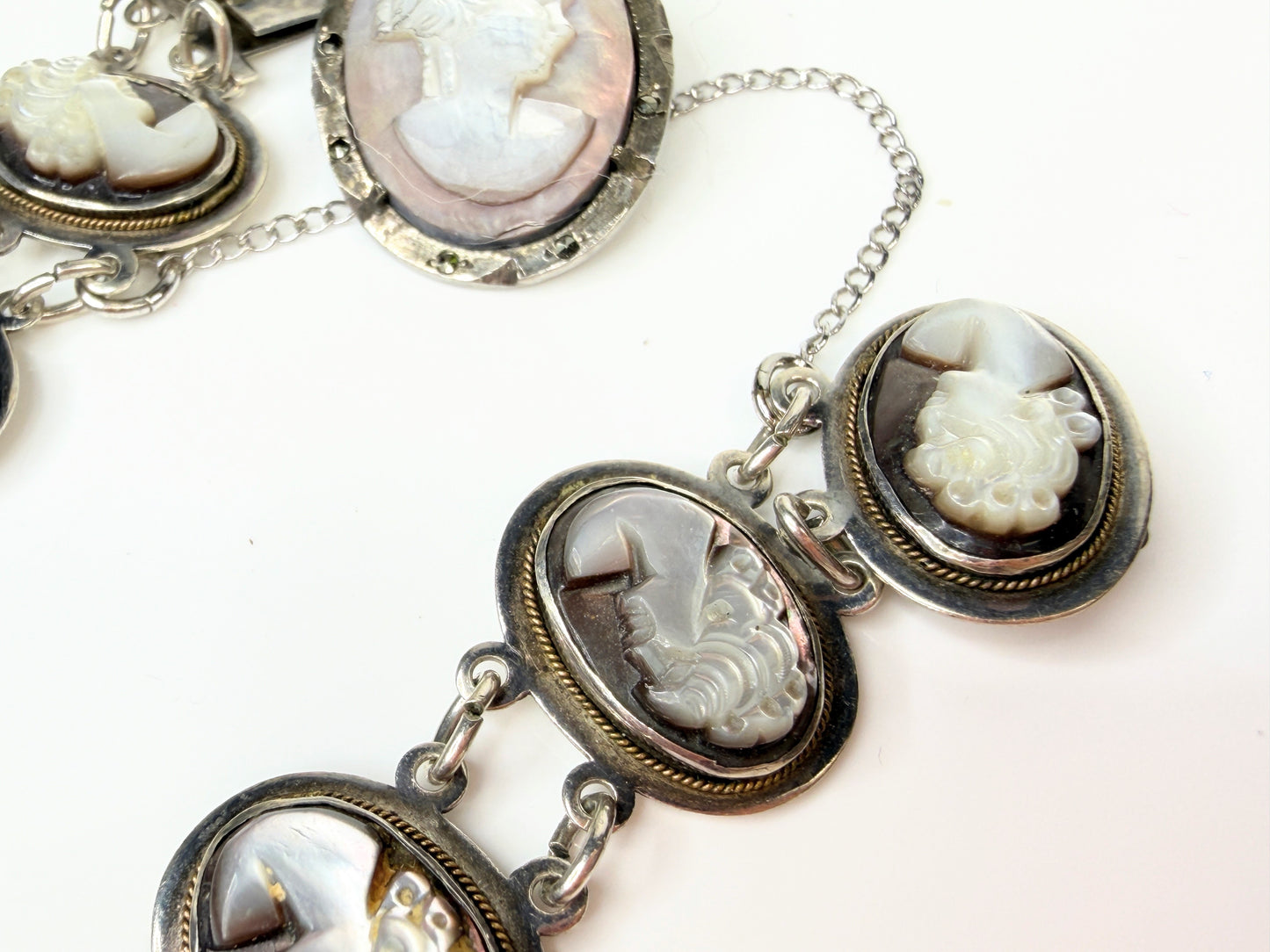 Antique Sterling Mother of Pearl Cameo Bracelet Brooch Set 7" JR1447