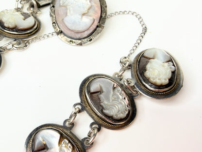 Antique Sterling Mother of Pearl Cameo Bracelet Brooch Set 7" JR1447