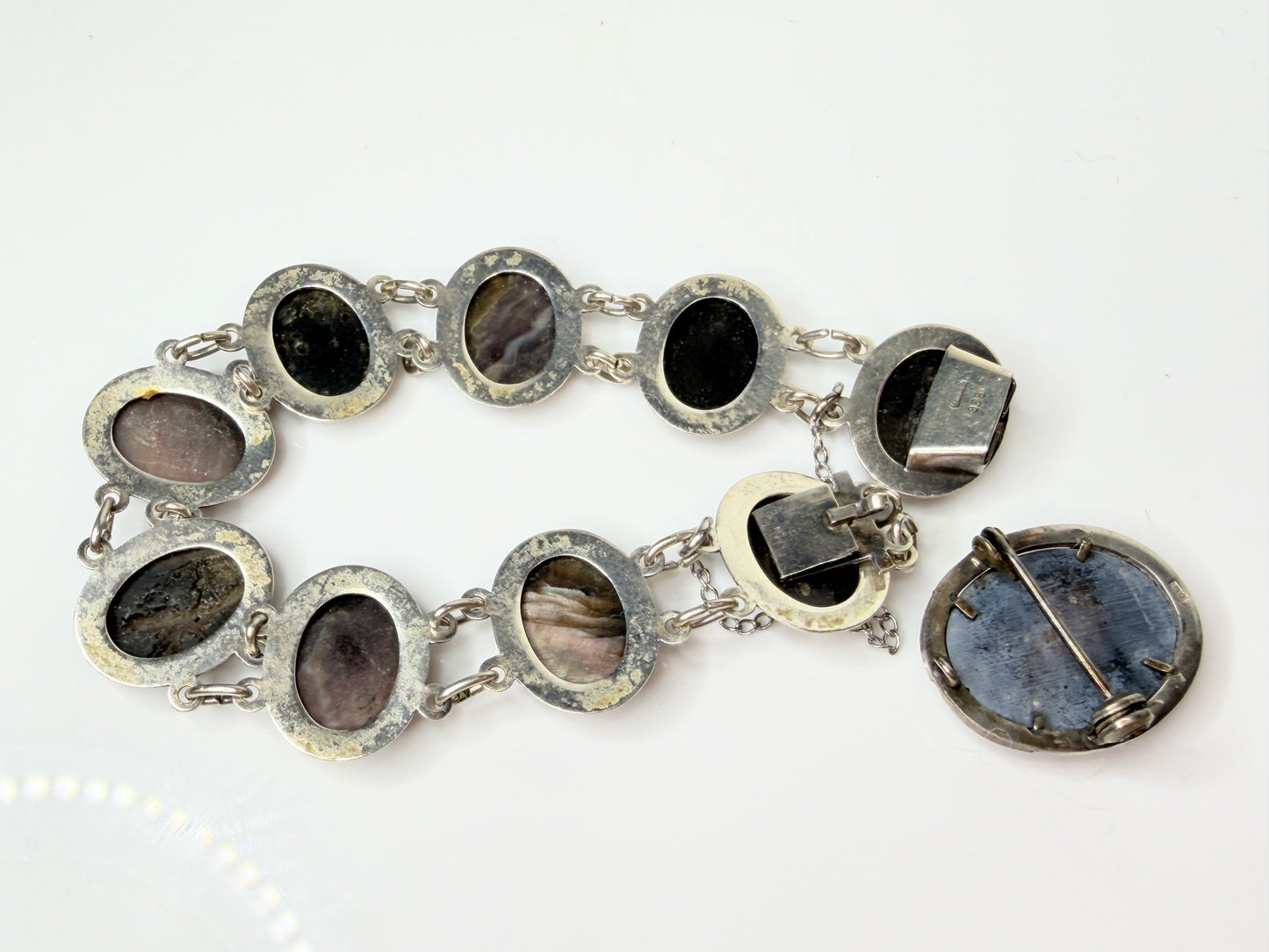 Antique Sterling Mother of Pearl Cameo Bracelet Brooch Set 7" JR1447