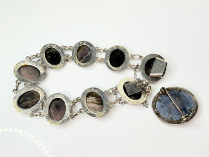 Antique Sterling Mother of Pearl Cameo Bracelet Brooch Set 7" JR1447