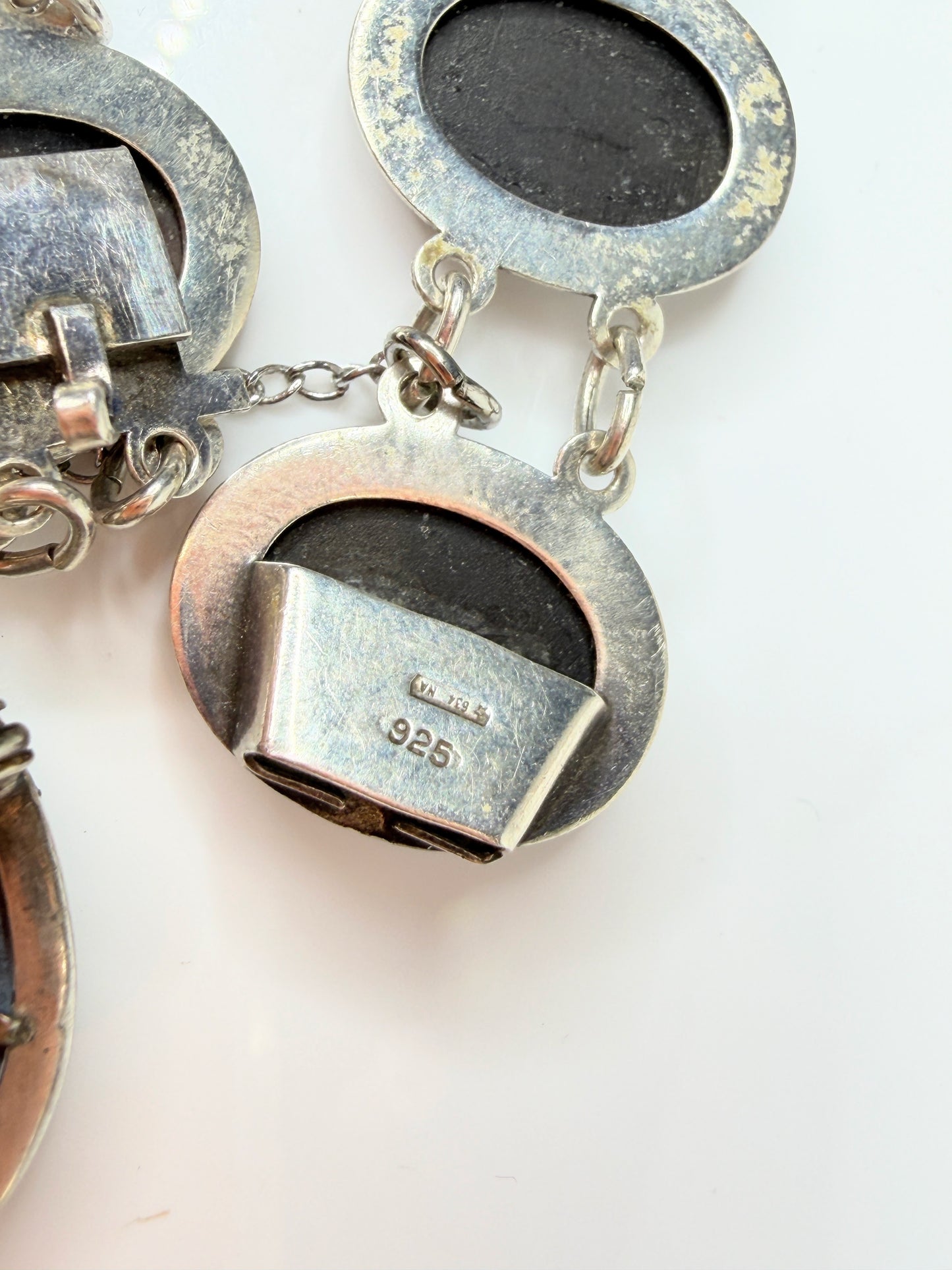 Antique Sterling Mother of Pearl Cameo Bracelet Brooch Set 7" JR1447