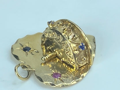 14K yellow gold Happy Birthday gems bever edge Heart charm pendant 5.6h JR523