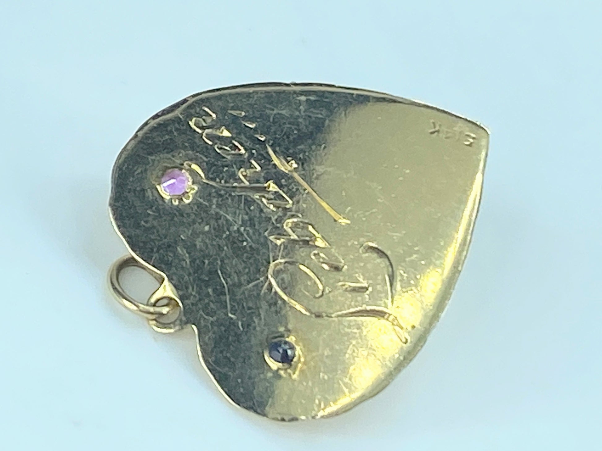 14K yellow gold Happy Birthday gems bever edge Heart charm pendant 5.6h JR523