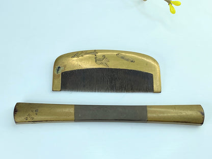 Antique 20th C. Japanese Gold Makie Carved Wooden Kushi Kogai Kanzashi Set GS611