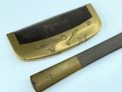 Antique 20th C. Japanese Gold Makie Carved Wooden Kushi Kogai Kanzashi Set GS611