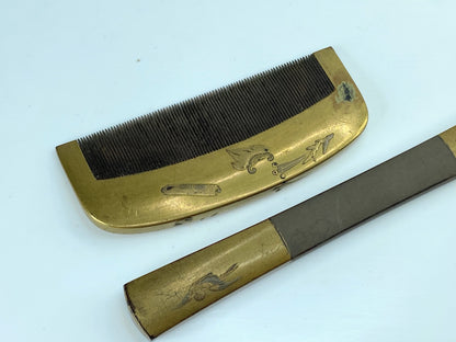 Antique 20th C. Japanese Gold Makie Carved Wooden Kushi Kogai Kanzashi Set GS611