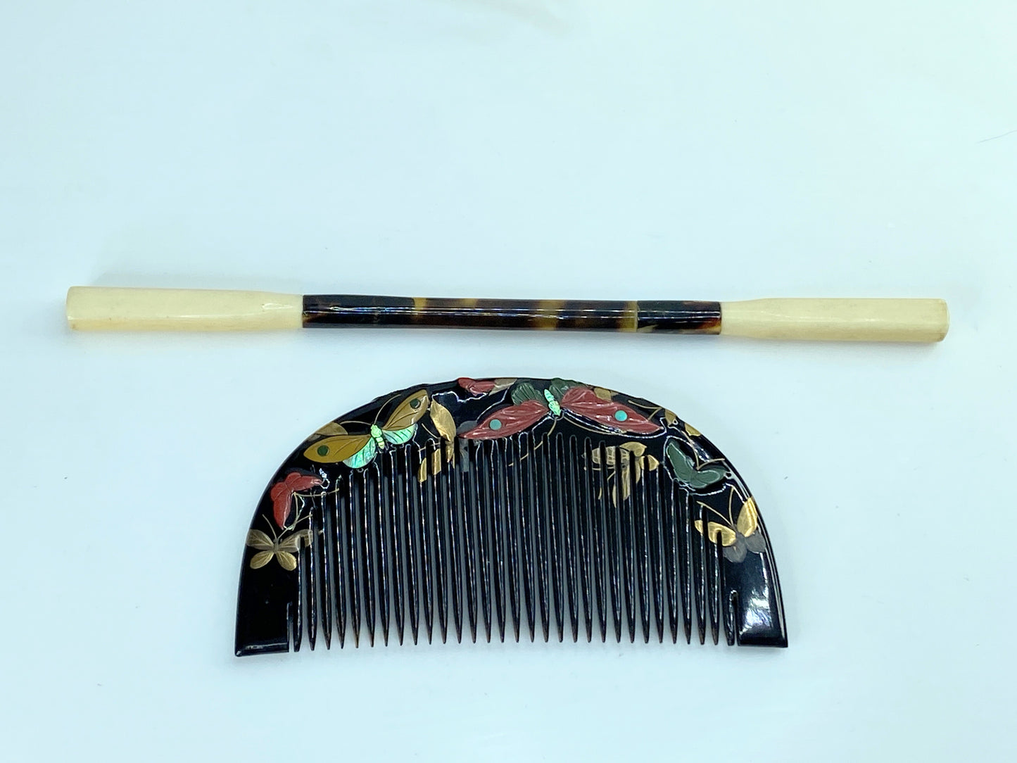 Art Deco Japanese Floral Lacquer shell MOP Hair Comb & Stick Set GS616