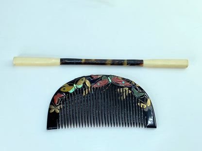 Art Deco Japanese Floral Lacquer shell MOP Hair Comb & Stick Set GS616