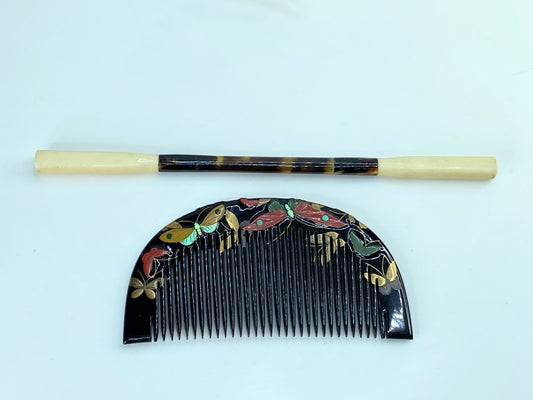 Art Deco Japanese Floral Lacquer shell MOP Hair Comb & Stick Set GS616