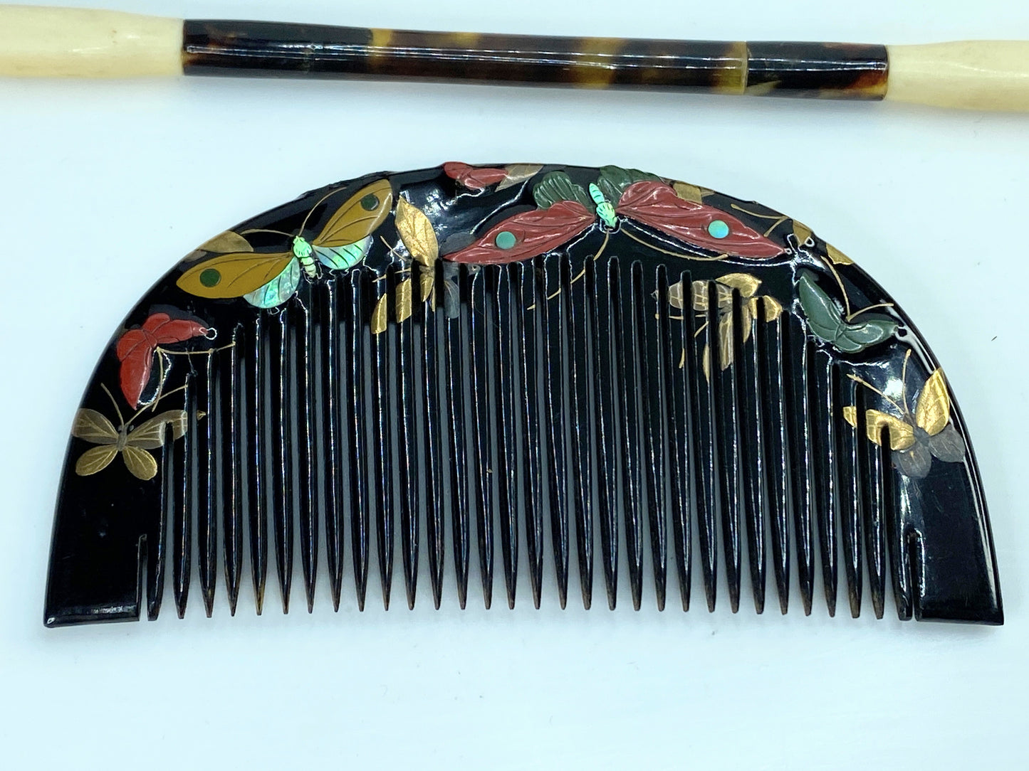 Art Deco Japanese Floral Lacquer shell MOP Hair Comb & Stick Set GS616