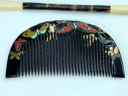 Art Deco Japanese Floral Lacquer shell MOP Hair Comb & Stick Set GS616