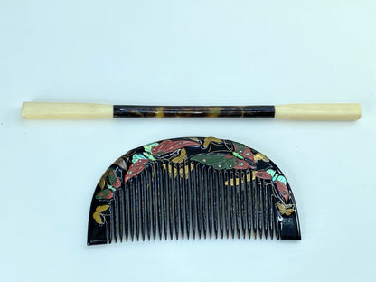 Art Deco Japanese Floral Lacquer shell MOP Hair Comb & Stick Set GS616