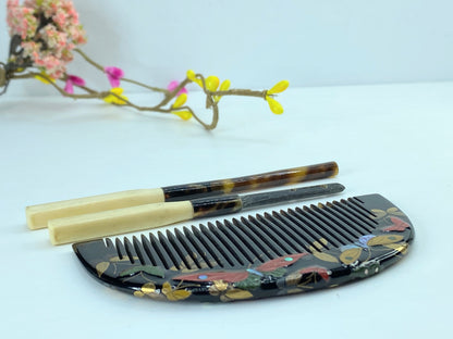 Art Deco Japanese Floral Lacquer shell MOP Hair Comb & Stick Set GS616