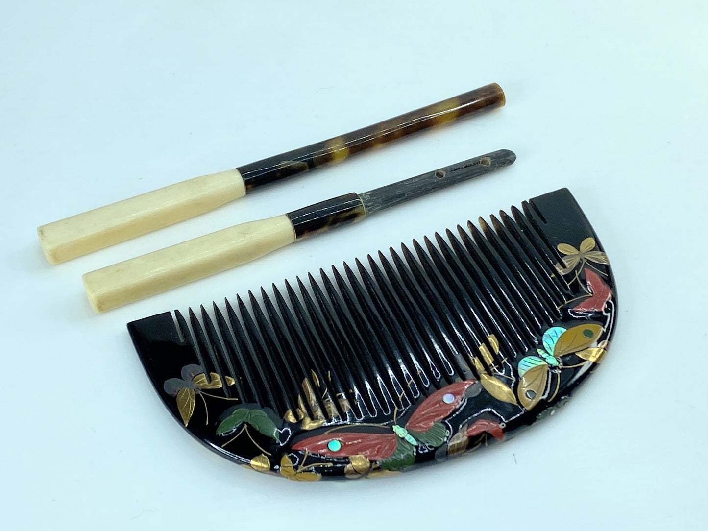 Art Deco Japanese Floral Lacquer shell MOP Hair Comb & Stick Set GS616