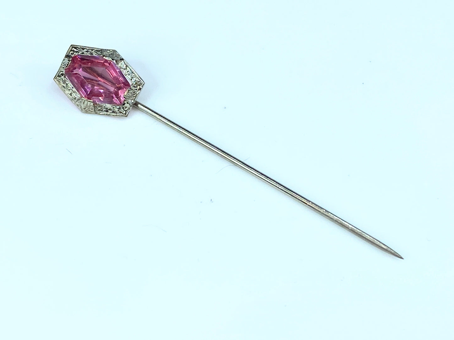 Antique 10K white gold Freeform Pink Art Glass hat pin