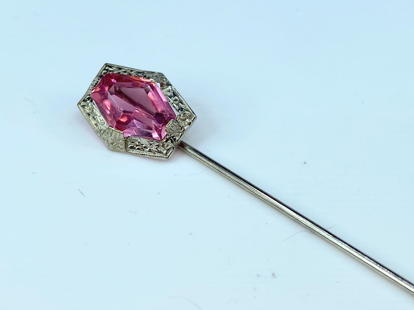 Antique 10K white gold Freeform Pink Art Glass hat pin