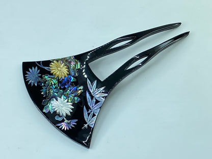Japanese Black lacquer MOP Chrysanthemum bamboo markie 5 1/8" x 3 1/4" GS619