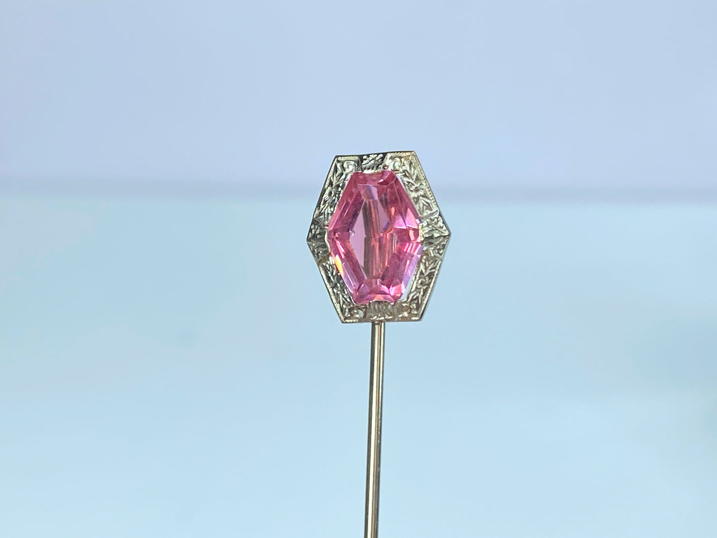 Antique 10K white gold Freeform Pink Art Glass hat pin