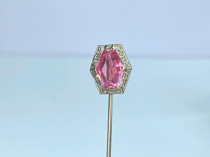 Antique 10K white gold Freeform Pink Art Glass hat pin