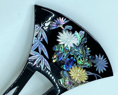 Japanese Black lacquer MOP Chrysanthemum bamboo markie 5 1/8" x 3 1/4" GS619