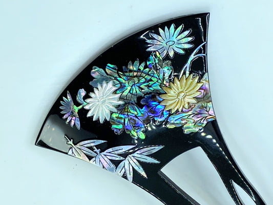 Japanese Black lacquer MOP Chrysanthemum bamboo markie 5 1/8" x 3 1/4" GS619