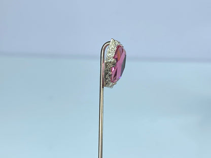 Antique 10K white gold Freeform Pink Art Glass hat pin