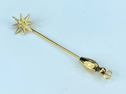 Art Deco 10K yellow gold Diamond Starburst hat pin with stopper