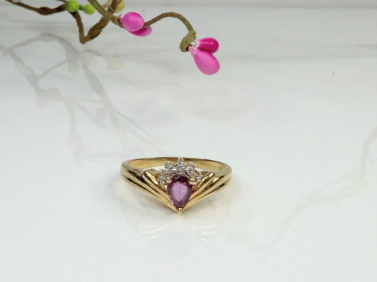 Vintage 14K Gold Ruby Diamond Cluster Ring Pear Ruby Size 6.75 JR1452