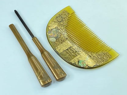 Antique Kyoto Japanese Celluloid Comb & Kanzashi Hair Ornament GS621