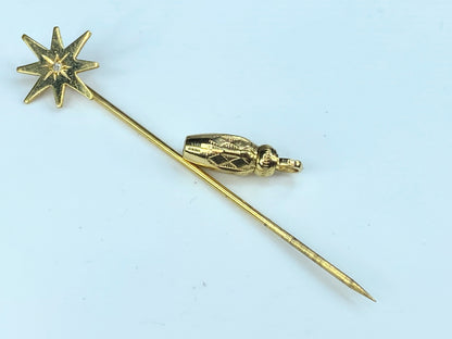 Art Deco 10K yellow gold Diamond Starburst hat pin with stopper