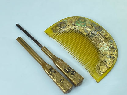Antique Kyoto Japanese Celluloid Comb & Kanzashi Hair Ornament GS621