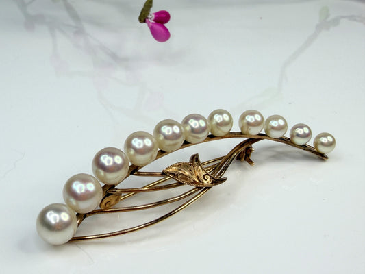 Vintage 14K Gold Cultured Pearl Brooch Art Deco Style JR1453
