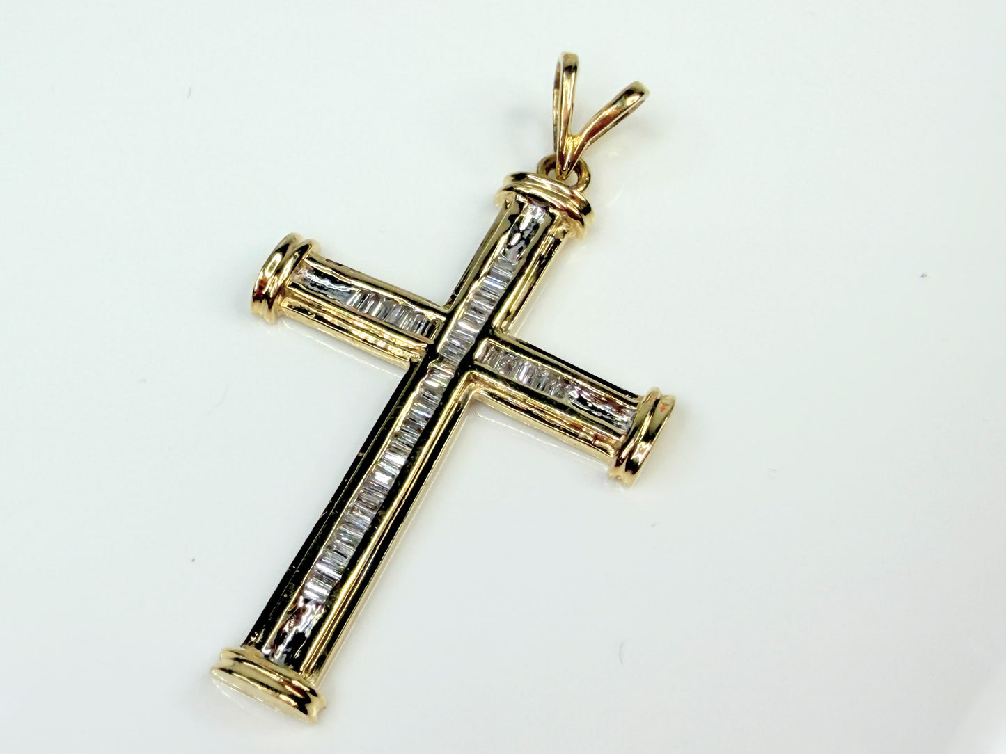 Vintage 14K Gold Baguette Diamond Cross Pendant 0.33ct 1.5" JR1454