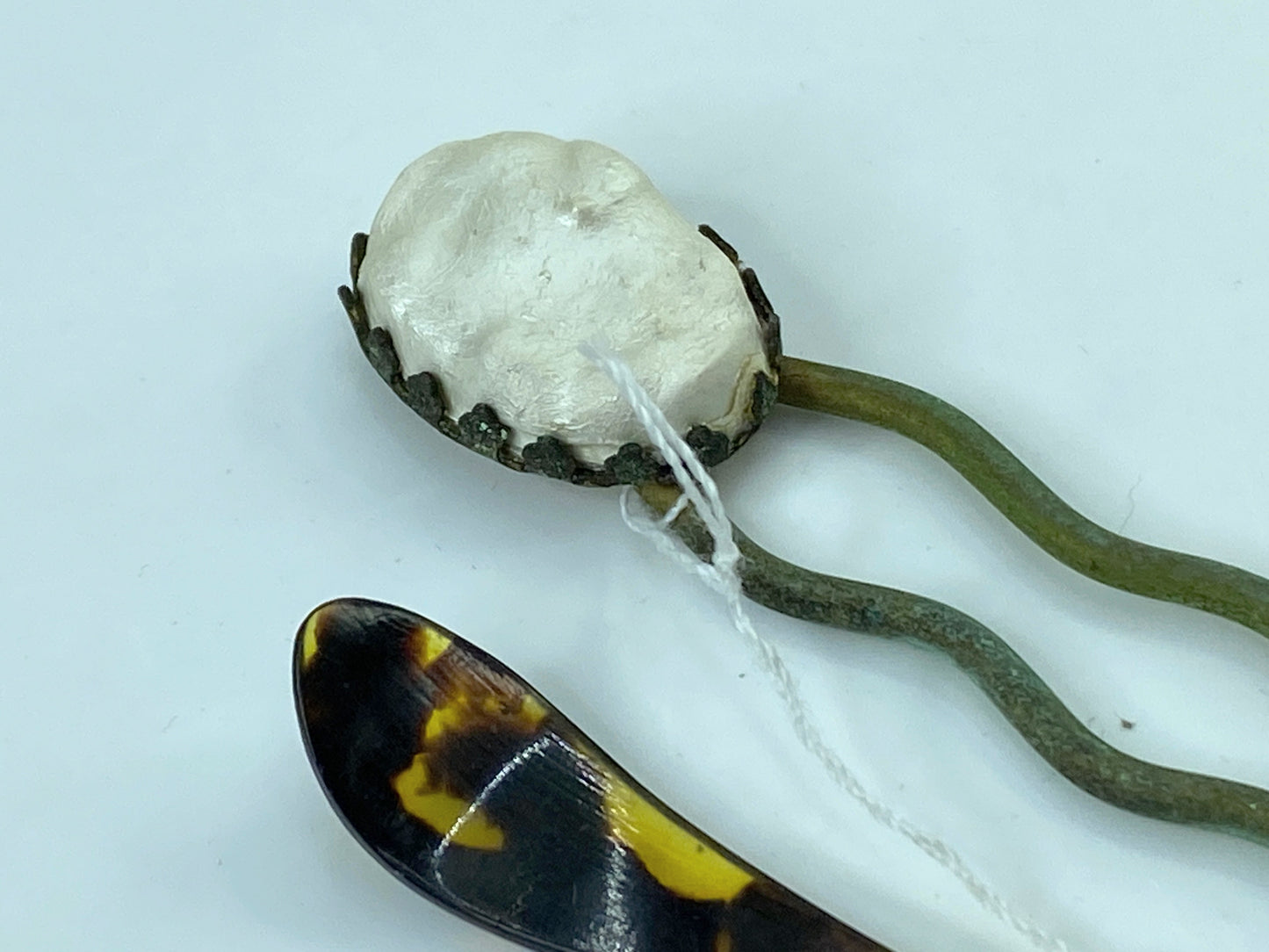 Antique Japanese metal Pearl clay fork and faux tortoise hairpin stick GS623