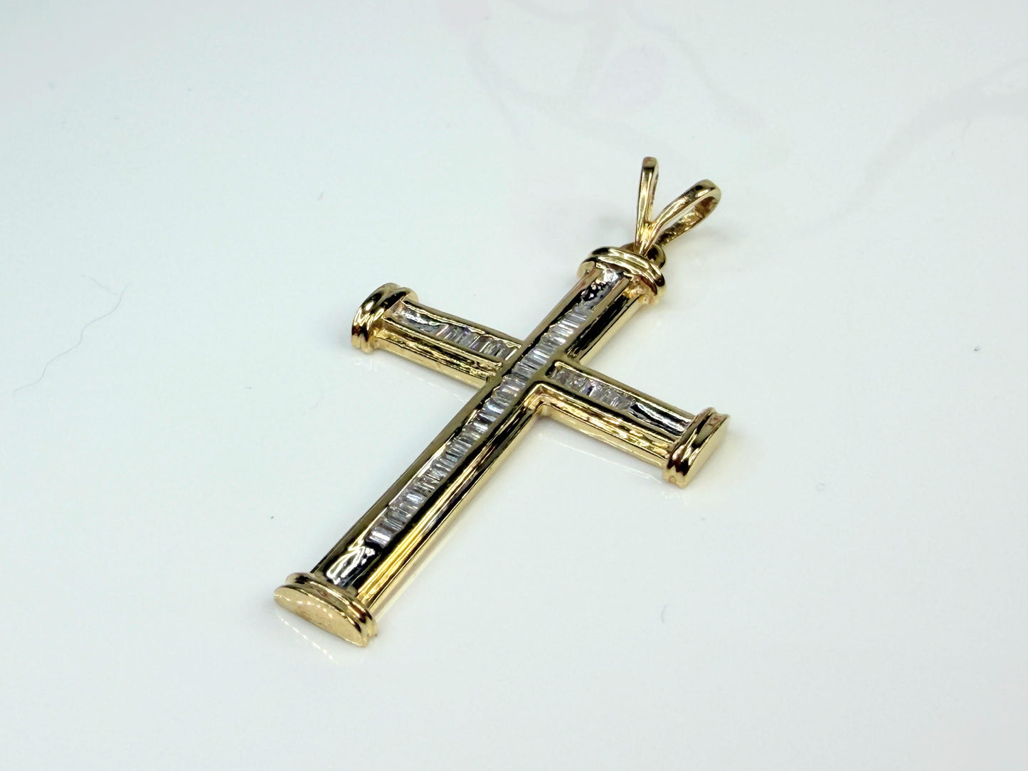 Vintage 14K Gold Baguette Diamond Cross Pendant 0.33ct 1.5" JR1454
