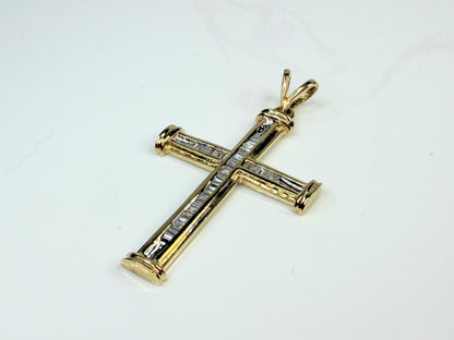 Vintage 14K Gold Baguette Diamond Cross Pendant 0.33ct 1.5" JR1454