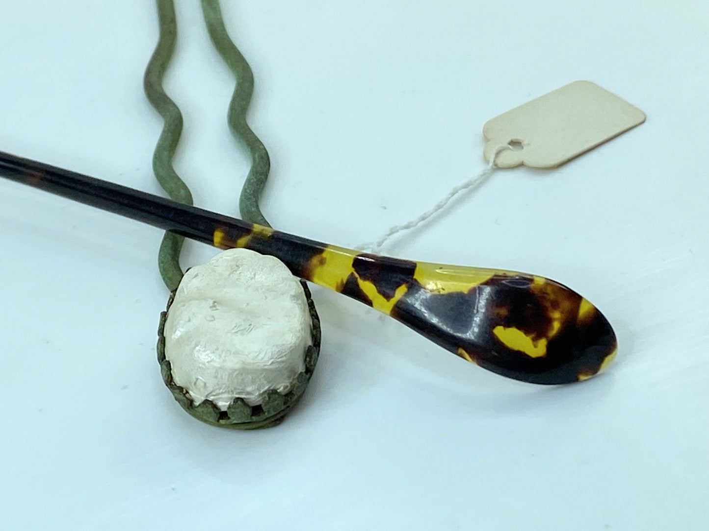Antique Japanese metal Pearl clay fork and faux tortoise hairpin stick GS623