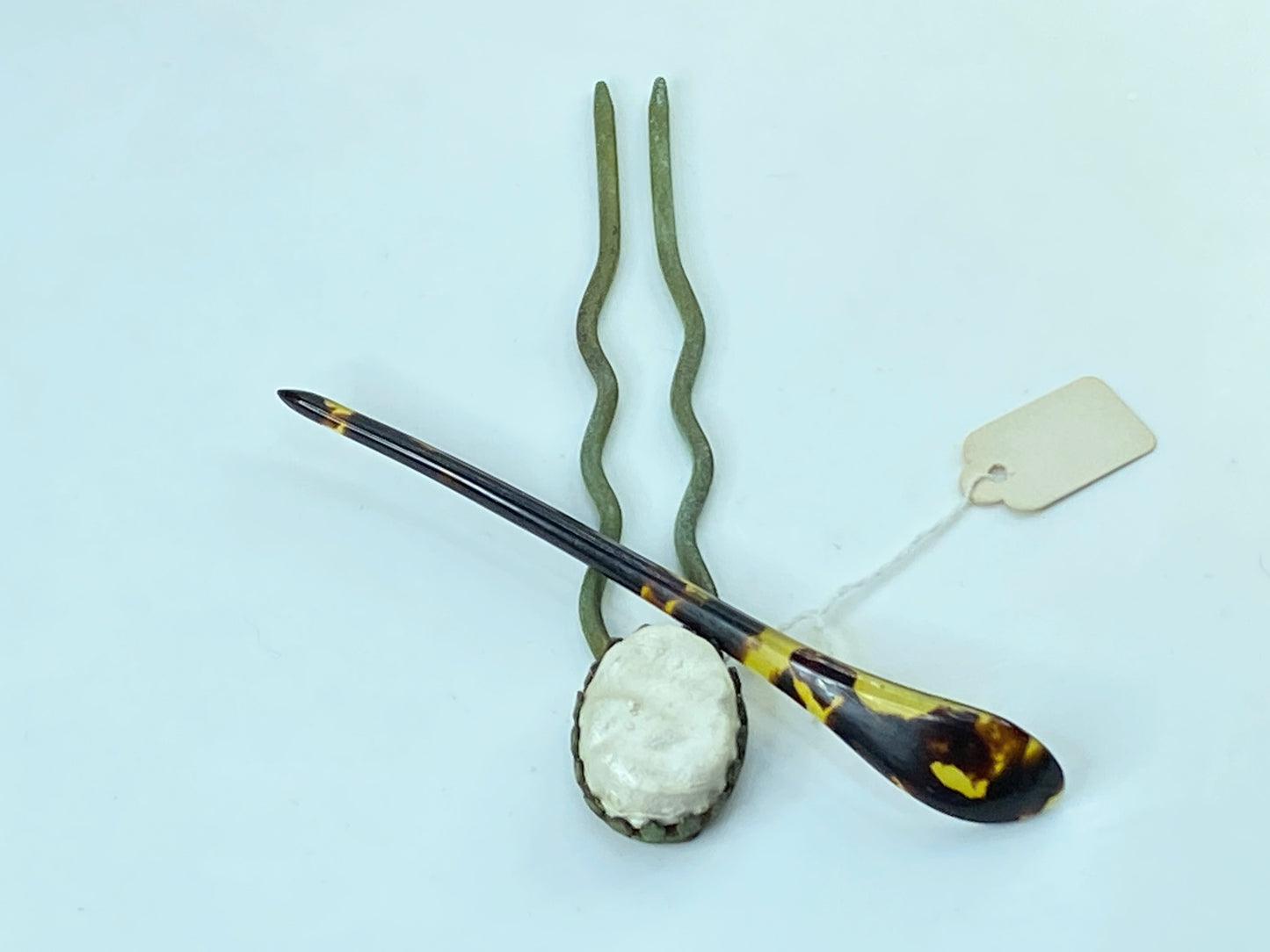 Antique Japanese metal Pearl clay fork and faux tortoise hairpin stick GS623