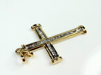Vintage 14K Gold Baguette Diamond Cross Pendant 0.33ct 1.5" JR1454