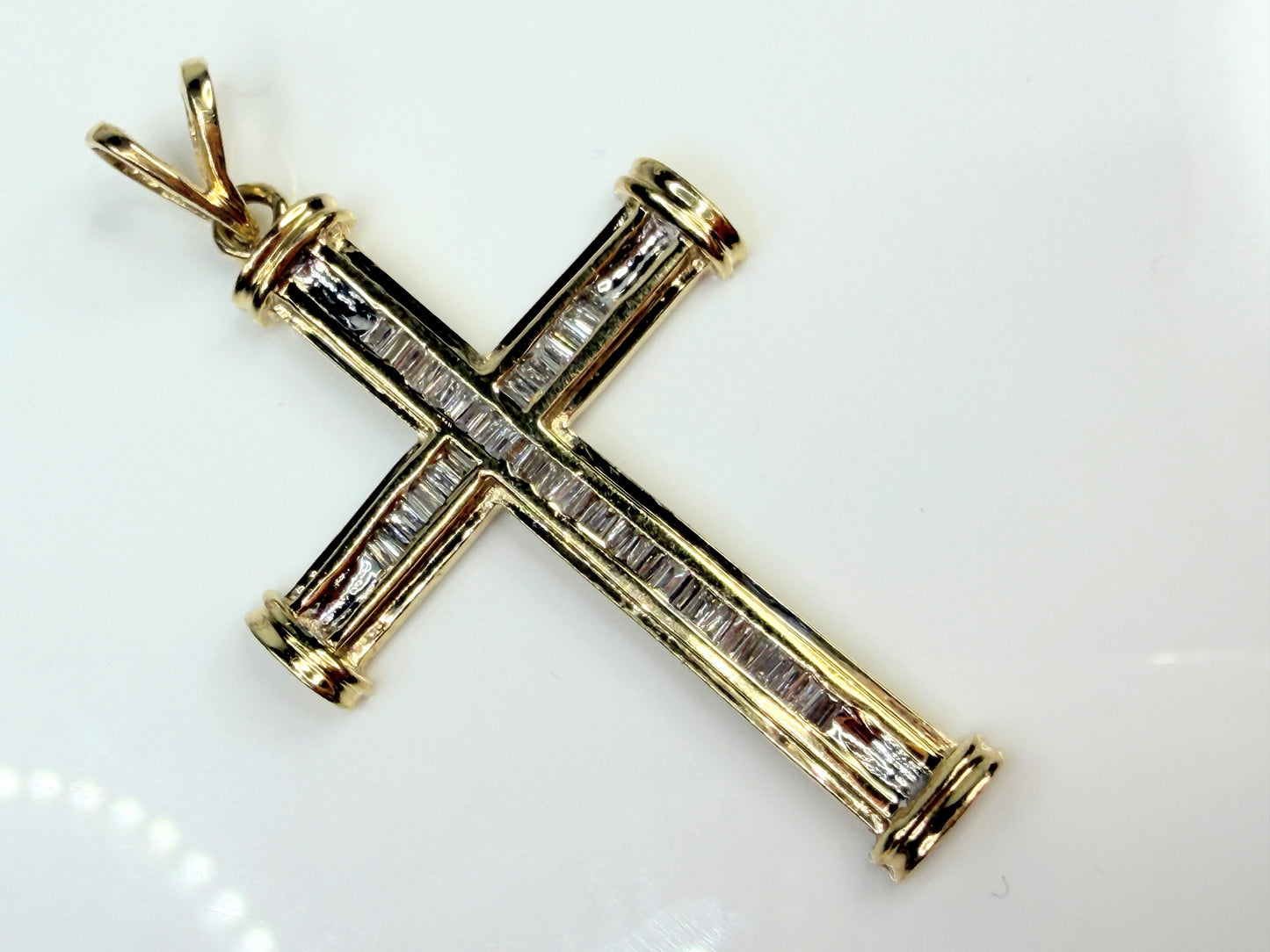 Vintage 14K Gold Baguette Diamond Cross Pendant 0.33ct 1.5" JR1454