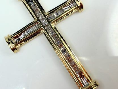 Vintage 14K Gold Baguette Diamond Cross Pendant 0.33ct 1.5" JR1454