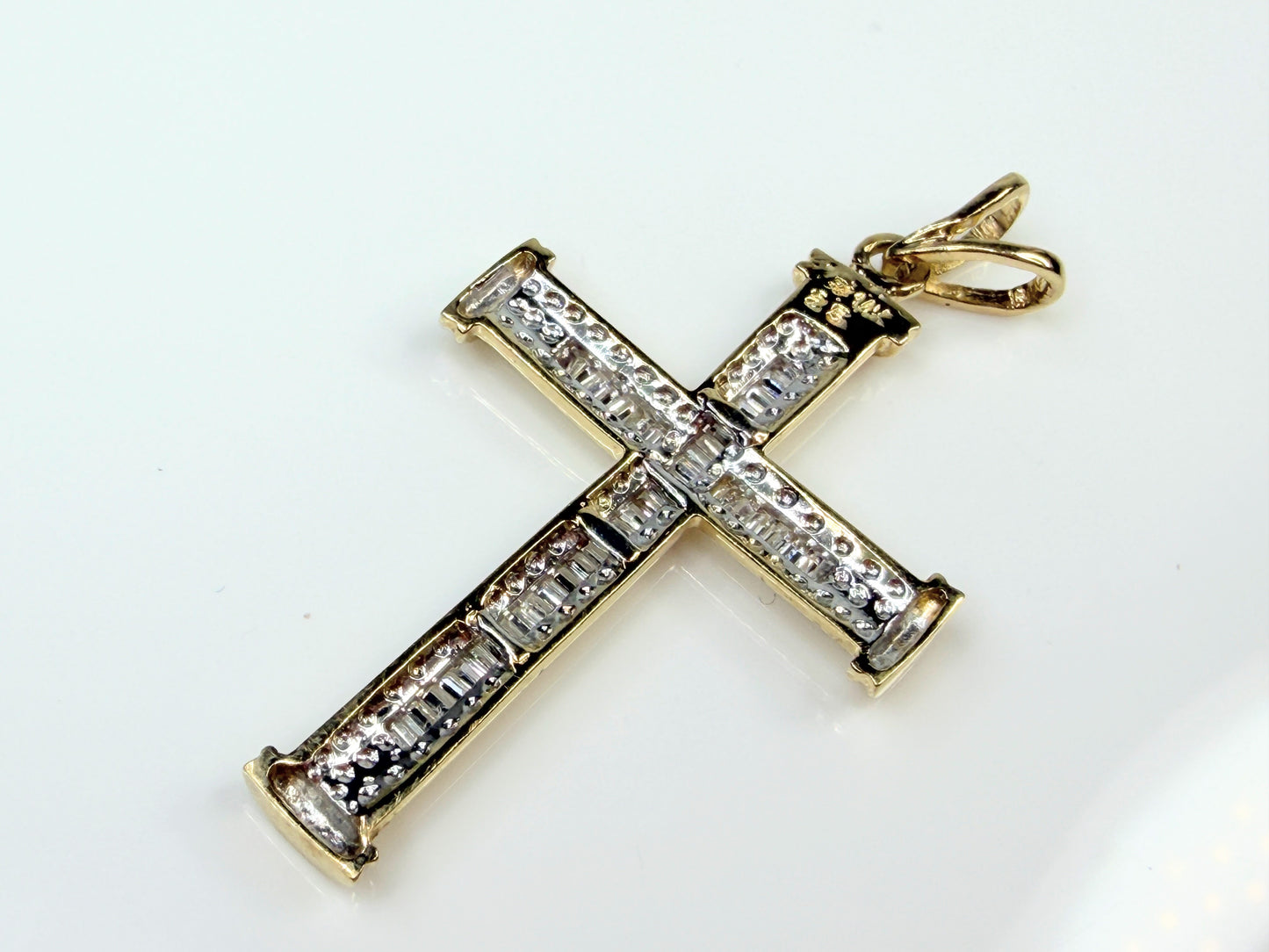 Vintage 14K Gold Baguette Diamond Cross Pendant 0.33ct 1.5" JR1454