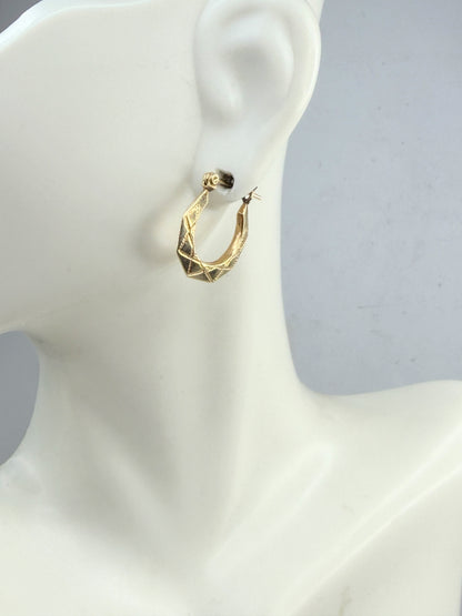 Vintage 14K Gold Geometric Hoop Earrings Textured Faceted Design JR1455