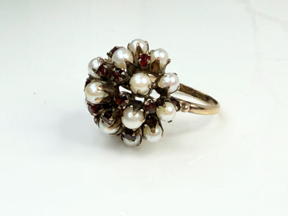 Antique Pearl Garnet Cluster Ring 9–10K Gold Victorian Style 6.2g sz8.5 JR1457
