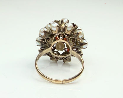 Antique Pearl Garnet Cluster Ring 9–10K Gold Victorian Style 6.2g sz8.5 JR1457